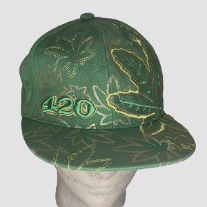 420 Leaf Weed Pattern Hat Cap Green Gold Sparkle sz LARGE Leader Headwear
